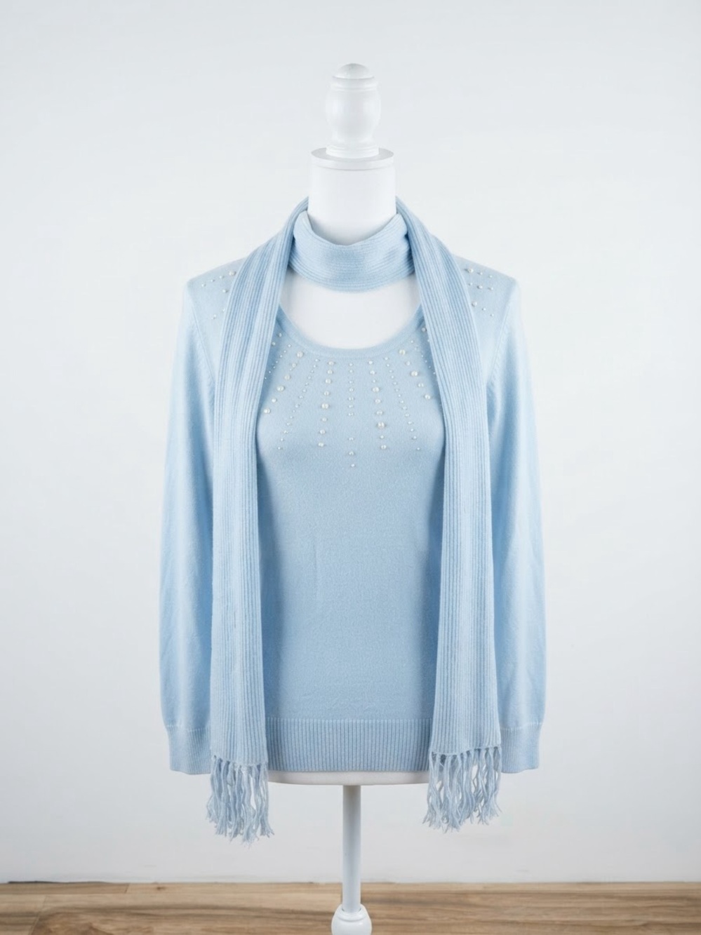 Light Blue Embellished Crew Neck Sweater with Scarf